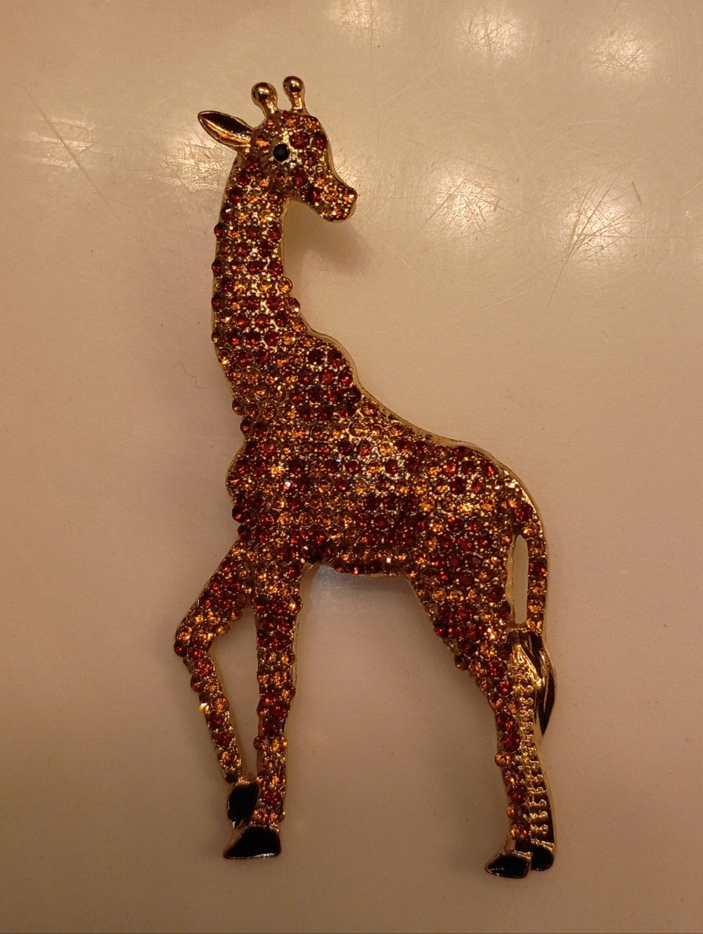 Sparkling Giraffe Brooch in Gold Tone with Amber Rhinestones